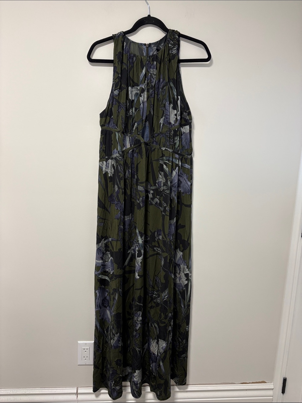NWT All Saints Olive Floral Maxi Dress with Black Blue and Gray Print